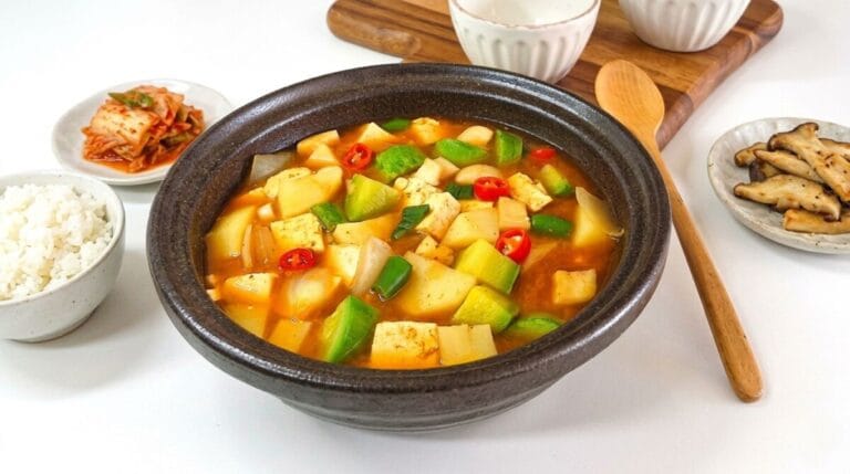 A top-down view of authentic Korean Doenjang Jjigae (soybean paste stew) in a traditional black earthen pot, served with a bowl of fluffy white rice on a clean white background.