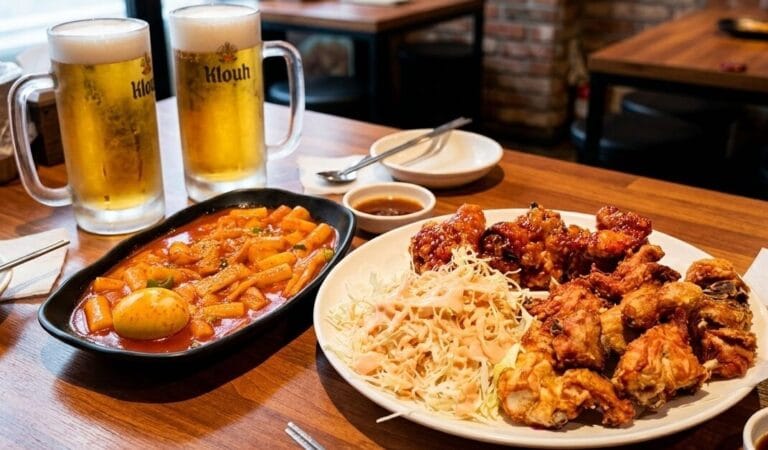Two large mugs of draft beer served on a wooden table alongside a plate of Korean fried chicken with cabbage salad and a dish of tteokbokki (spicy rice cakes).