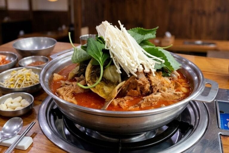 A overhead view of a hearty Korean pork back-bone stew (Gamjatang) pot with raw pork ribs, dried cabbage, perilla leaves, and enoki mushrooms, placed on an unlit burner on a wooden restaurant table, surrounded by various Korean side dishes.