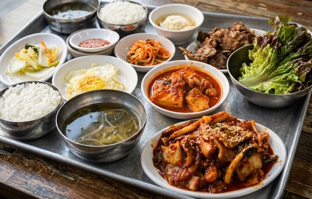 A variety of traditional Korean home-style dishes served on a large stainless steel tray, featuring two bowls of white rice, spicy stir-fried squid, spicy braised tofu, grilled meat, a fried egg, lettuce for wraps, and various side dishes like kimchi and radish salad.
