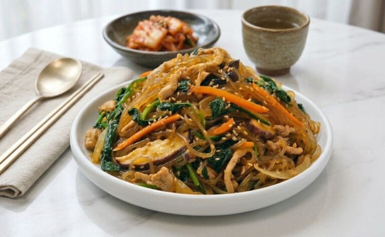 A close-up shot of a plate of Japchae, a Korean stir-fried glass noodle dish, mixed with colorful vegetables, meat, and topped with sesame seeds.