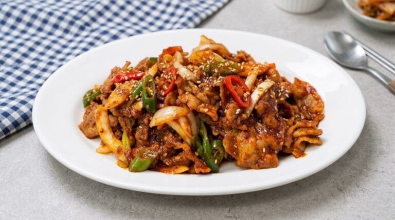 A professional food photo of Korean spicy stir-fried pork (Jeyuk-bokkeum) served on a clean white plate, featuring thinly sliced meat mixed with onions, green onions, and red chili peppers, all coated in a vibrant red sauce and garnished with sesame seeds.