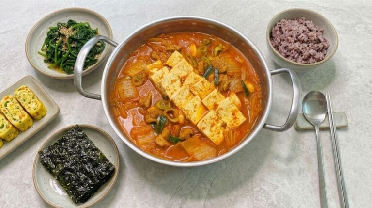 An overhead photograph of a Korean meal spread on a marble table, centered on a large metal pot of spicy pork and tofu kimchi stew (Kimchi Jjigae) surrounded by bowls of multi-grain rice, rolled omelet, seasoned spinach, and seaweed.