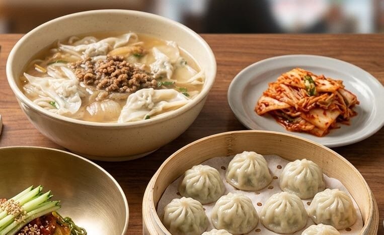 A close-up, eye-level shot of a Korean dining table featuring a large ceramic bowl of Choppal Guksu (knife-cut noodles with chopped meat and wontons) and a bamboo steamer filled with warm mandu (dumplings). A small plate of red, seasoned kimchi and a golden brass bowl with fresh cucumber garnishes are placed nearby on a rich brown wooden table.