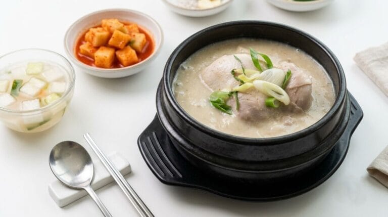 A steaming bowl of Korean ginseng chicken soup (Samgyetang) garnished with scallions and perilla leaves, served in a black earthenware pot on a white table with side dishes like kkakdugi and mul-kimchi and a spoon and chopsticks.