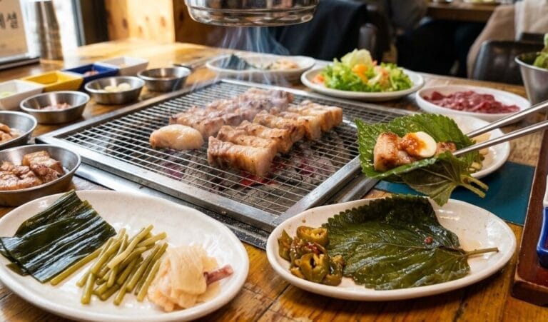 Slices of pork belly (Samgyeopsal) grilling on a charcoal BBQ wire mesh, surrounded by various Korean side dishes (banchan) like perilla leaves, pickled garlic scapes, and kimchi.