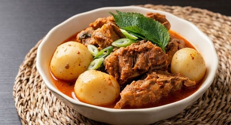 A close-up food photography shot of a hearty bowl of Korean Pork Backbone and Potato Stew (Gamjatang).