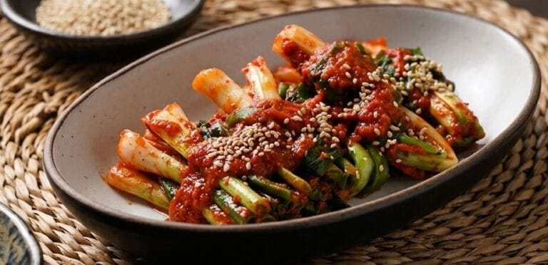 A professional close-up photograph of Korean Pa-kimchi (scallion kimchi) presented elegantly in an oval ceramic dish, generously coated with bright red chili paste and sprinkled with roasted sesame seeds. Another small bowl of Baechu-kimchi (cabbage kimchi) sits in the foreground, all arranged on a woven straw mat atop a dark wooden table with a soft bokeh background.