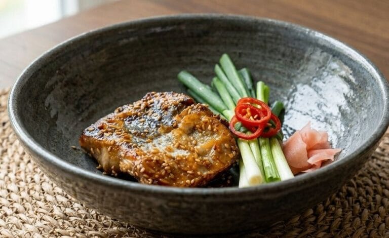 A close-up, high-angle shot of a grilled king mackerel fillet coated in a glossy, savory glaze and sprinkled with sesame seeds. The fish is neatly arranged inside a dark-grey ceramic bowl placed on a woven rattan placemat. Next to the fish are fresh green scallions tied nicely, topped with sliced red chilies, and a small side of pink pickled ginger.
