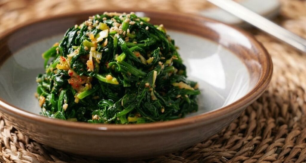"A close-up shot of a Korean spinach side dish (Sigeumchi-namul) served in a ceramic bowl on a woven placemat, with chopsticks blurred in the background."
