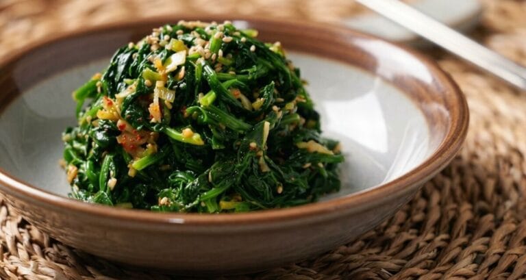 "A close-up shot of a Korean spinach side dish (Sigeumchi-namul) served in a ceramic bowl on a woven placemat, with chopsticks blurred in the background."
