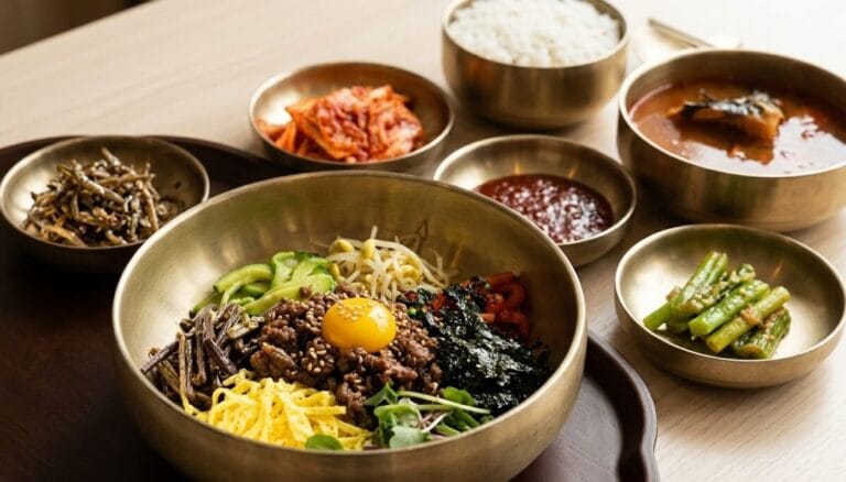 Authentic Korean bibimbap served in traditional brassware at Sonsooheon restaurant in Incheon Airport.