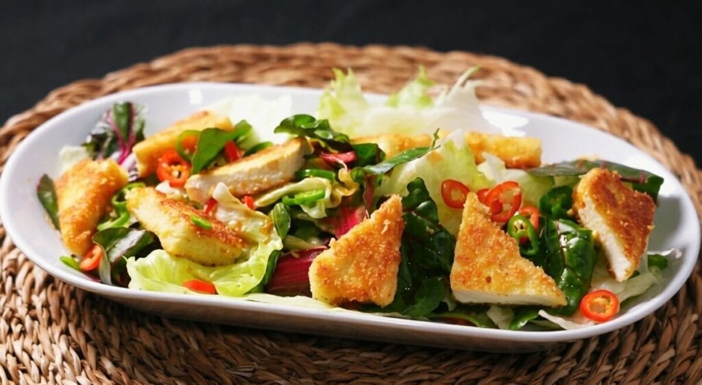 A professional close-up photograph of crispy fried tofu salad (Tofu Yuringi), featuring golden panko-crusted tofu cubes on a bed of fresh mixed greens and red chard, garnished with red and green chili peppers on a white plate.
