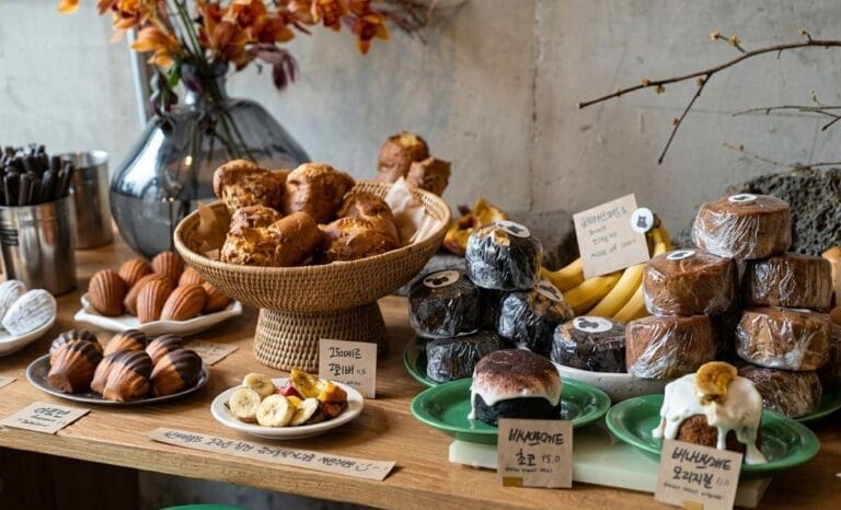 A professional close-up photograph of the dessert display counter at Burnt Seoul cafe, featuring artisanal pastries, muffins in a woven basket, and chocolate-dipped madeleines on a wooden table.
