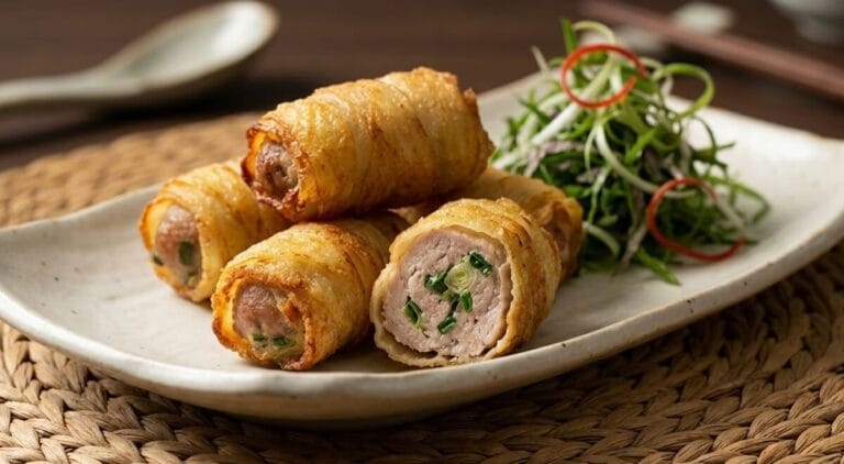 A professional, close-up food photography shot of crispy, golden-brown fried cabbage rolls stuffed with seasoned ground pork and green scallions, sliced to reveal the juicy meat filling, served on a rustic white ceramic plate garnished with a fresh scallion salad on a hand-woven natural fiber placemat.