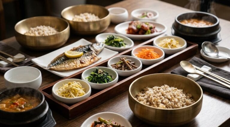 Traditional Korean barley rice table setting (Boribap) with assorted seasoned vegetables, grilled mackerel, and soybean paste stew (Doenjang-jjigae) at Insadong Boribap restaurant.