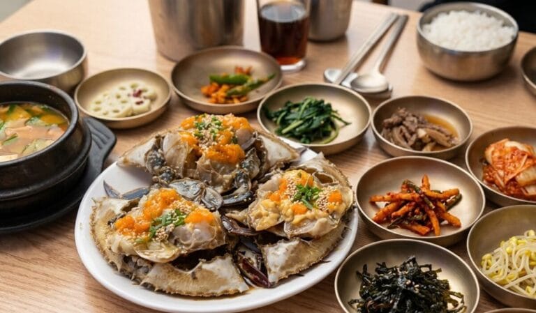 A close-up shot of a traditional Korean meal featuring Ganjang-gejang (soy sauce marinated crab) topped with bright orange roe, surrounded by various side dishes (banchan) in brass bowls on a wooden table.