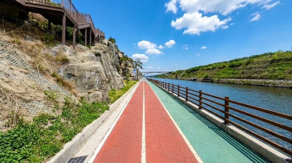 Ara Bicycle Path canal-side cycling lane with rock formations