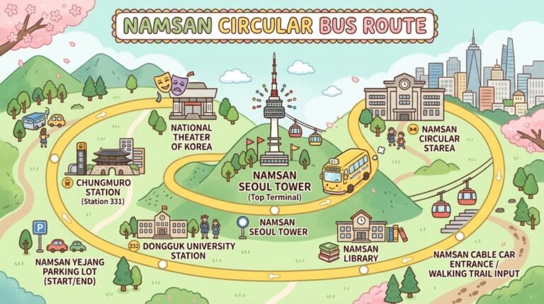 A cute, pastel-colored cartoon map illustrating the Namsan Circular Bus Route in Seoul, featuring a yellow shuttle bus traveling along a winding path to Namsan Seoul Tower, Chungmuro Station, Dongguk University Station, and Namsan Library.