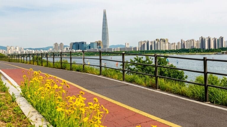 Hangang Bicycle Path near Jamsil with Lotte World Tower skyline