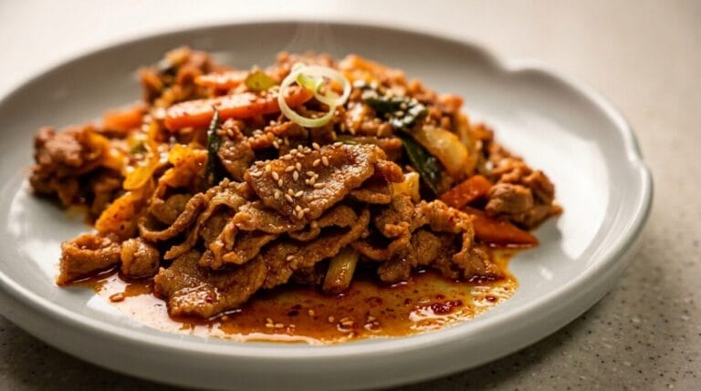 A close-up shot of Korean Jeyuk-bokkum (spicy stir-fried pork) mixed with carrots and green onions, served on a light grey ceramic plate and garnished with sesame seeds.