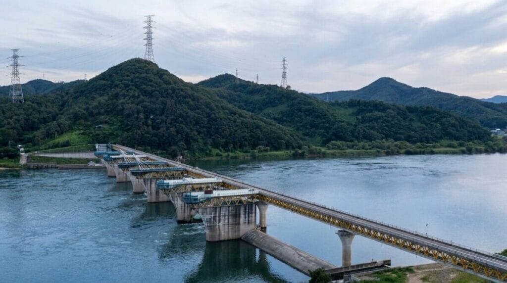 Cable-stayed weir bridge on the Nakdonggang Bicycle Path, part of the Four Rivers Restoration Project architecture near Gumi and Gangjeong-Goryeong