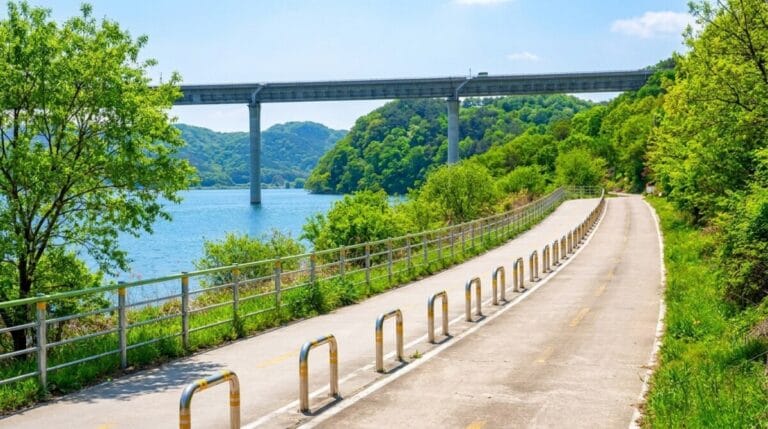Nakdonggang Bicycle Path upper section riding along the river with a highway bridge overhead near Sangju