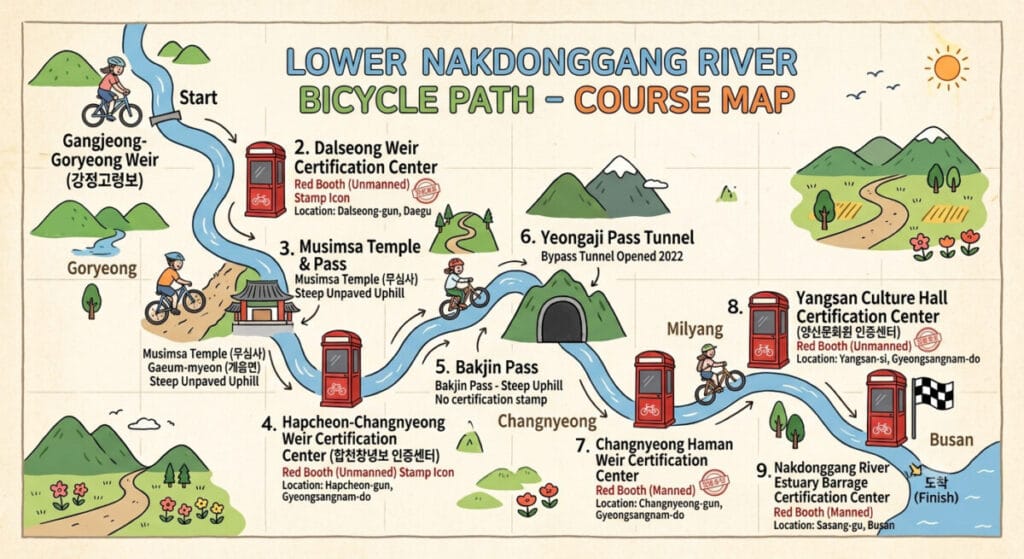 Nakdonggang Bicycle Path (Lower) route map showing Gangjeong-Goryeong Weir, Dalseong Weir, Musimsa Pass, Hapcheon-Changnyeong Weir, Bakjin Pass, Yeongaji Pass, Changnyeong Haman Weir, Yangsan Culture Hall, and the Nakdong River Estuary Barrage finish