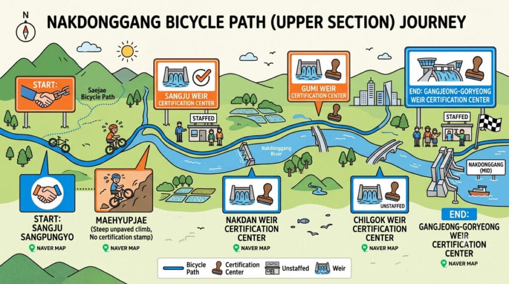 Nakdonggang Bicycle Path upper section route map showing Sangju Sangpungyo, Maehyupjae, Sangju Weir, Nakdan Weir, Gumi Weir, Chilgok Weir, and Gangjeong-Goryeong Weir certification centers