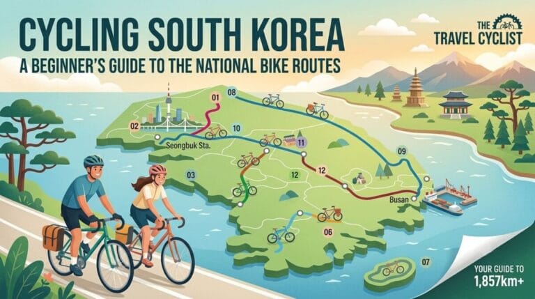 An illustrated map of South Korea showing various national bike routes, featuring a man and a woman cycling in the foreground, with landmarks like N Seoul Tower, traditional pagodas, and Busan port.