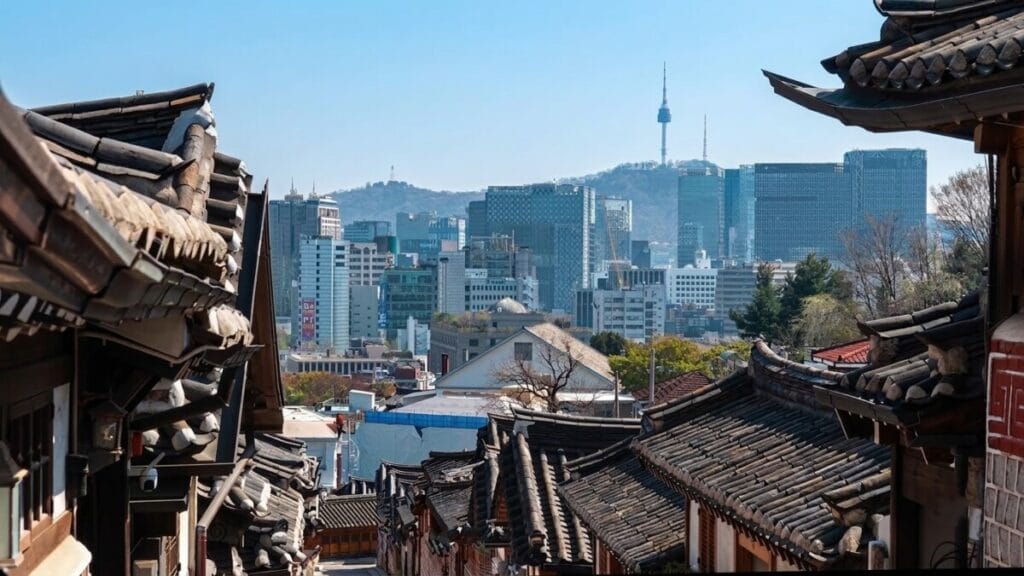 Bukchon Hanok Village rooftops with N Seoul Tower skyline