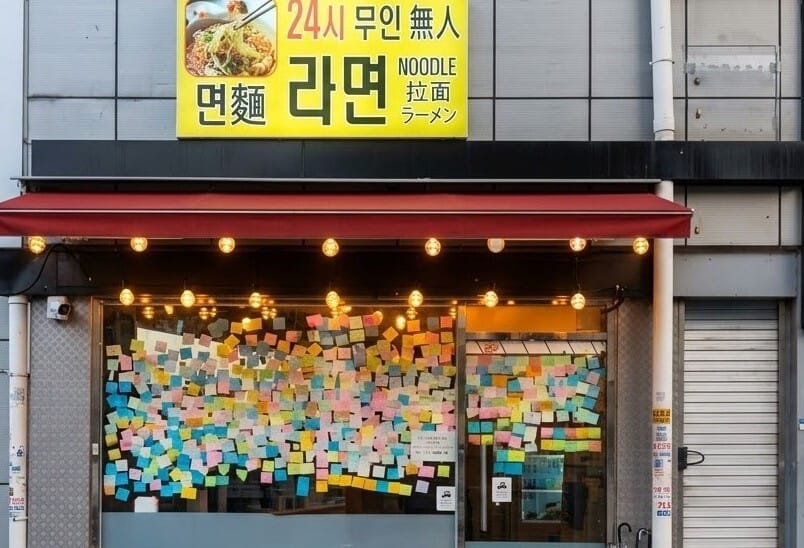 Storefront sign for a 24-hour unmanned ramen shop in Seoul covered in customer sticky notes
