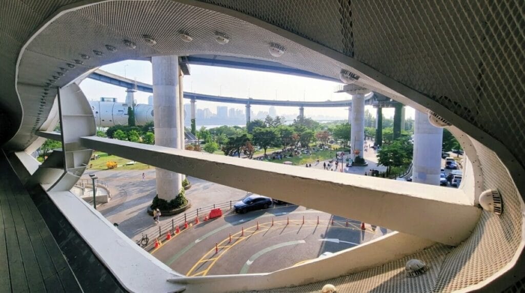 View of the Han River bridges from inside Hangang PlPl's J-Bug building