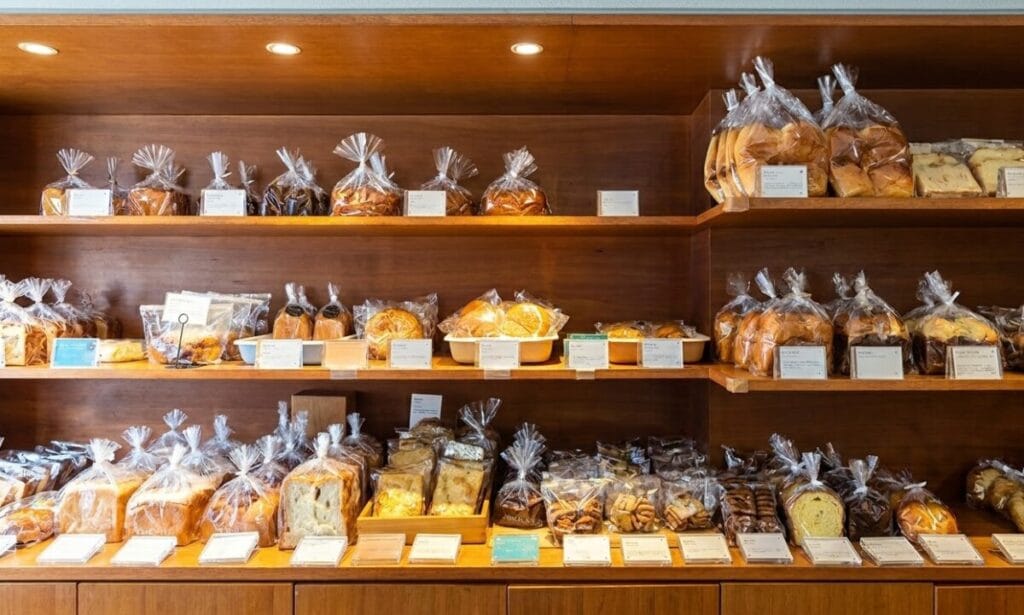 Freshly baked bread and pastries lined up on the shelves at Meal° bakery in Seongsu