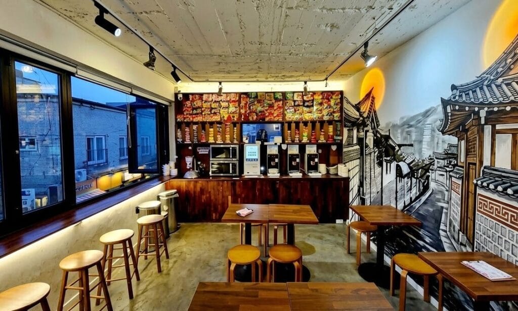 Unmanned ramen shop interior near Bukchon with a hanok village mural and wooden seating